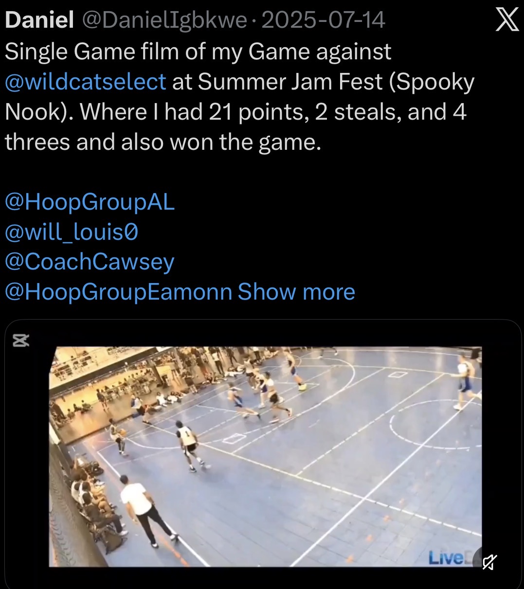 Daniel’s July 14, 2025 post about his game against Wildcat Select at Summer Jam Fest